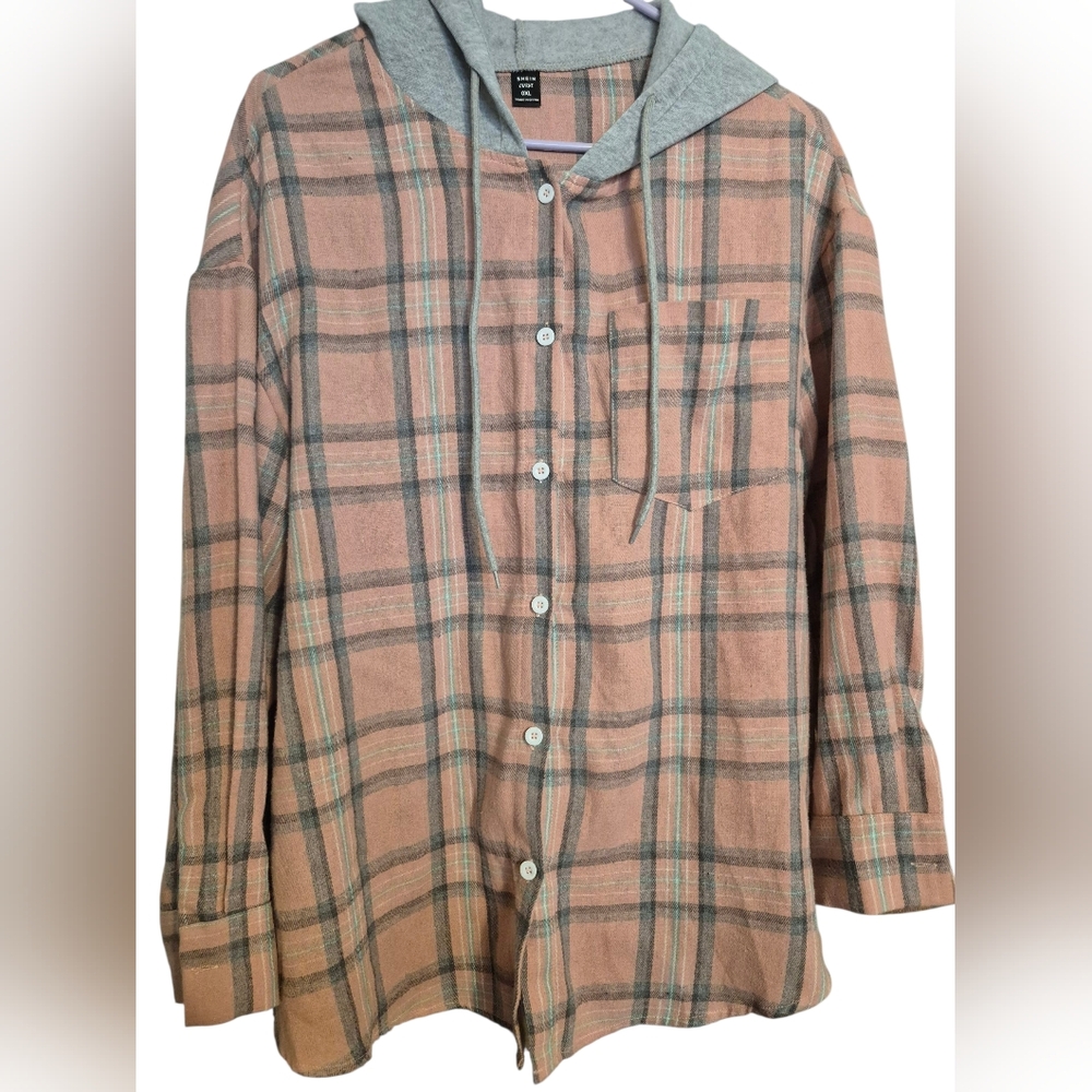 SHEIN Pink and Gray Plaid Flannel Hooded Shirt Fall Boho